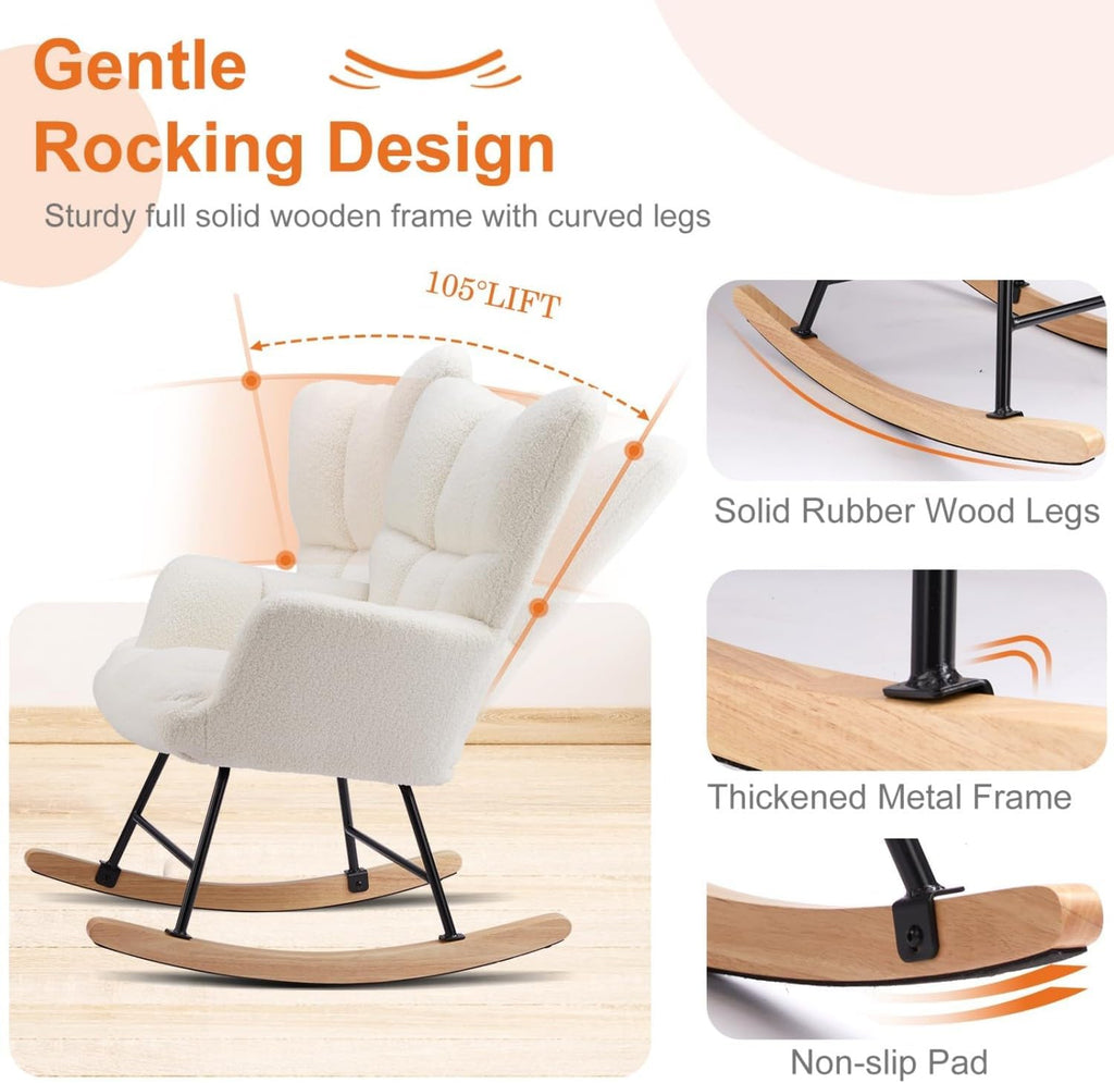 Rocking Chair, Upholstered Glider Rocker Accent Chair, Nnursery Rocking Chairs with High Backrest for Small Spaces, Indoor, Living Room, Bedroom, White