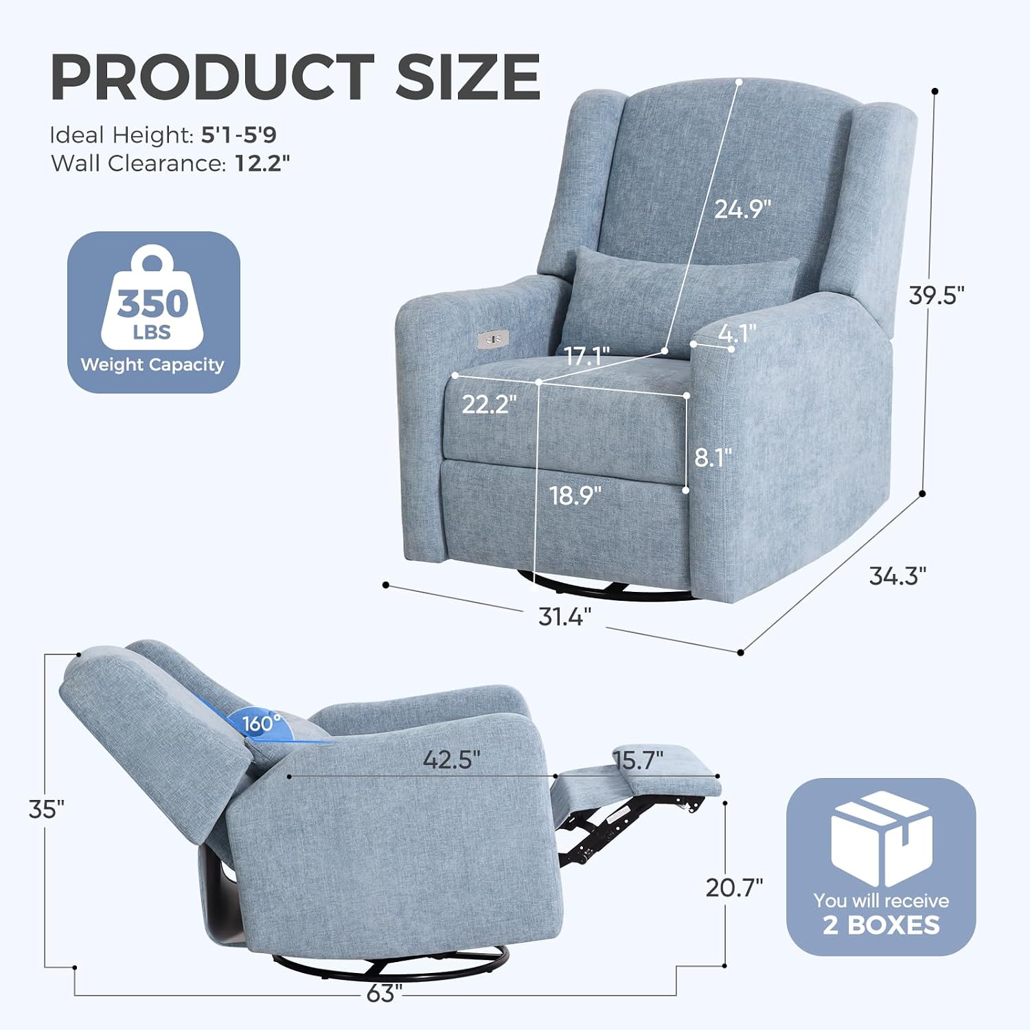 Power Glider Recliner Nursery Chair w/USB Ports, Soft Chenille Glider Rocking Chair with Ottoman, Swivel Glider Chair with Lumbar Pillow for for Nursery, Blue