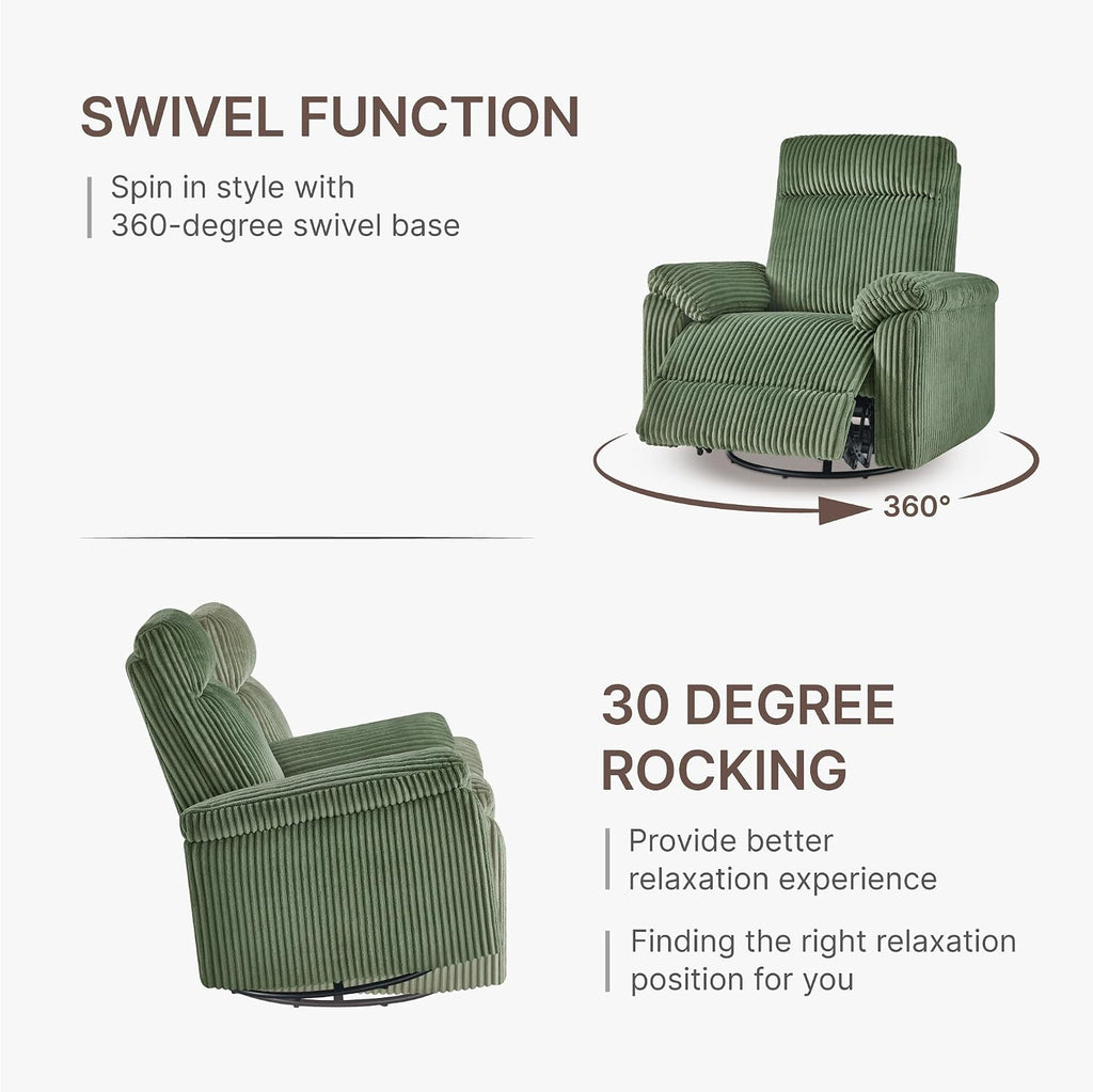 KISLOT Swivel Rocker Recliner for Adults, Corduroy 360 Degree Swivel Glider Recliner Manual 3-Position Adjustable Easy Assembly for Small Space Living Room Nursery Bedroom