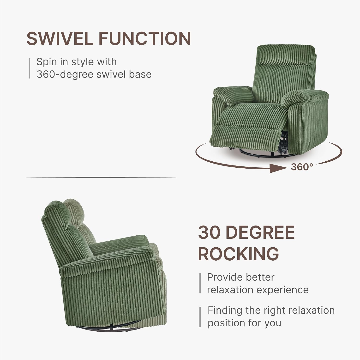 KISLOT Swivel Rocker Recliner for Adults, Corduroy 360 Degree Swivel Glider Recliner Manual 3-Position Adjustable Easy Assembly for Small Space Living Room Nursery Bedroom