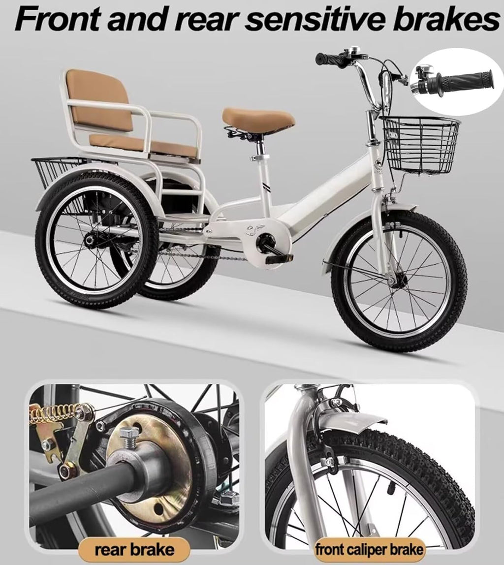 3 Wheels Bicycle,Rickshaw Tricycle with Pedals,Tandem Trike with Back seat,seat with Belt and armrest,Front and Rear Wheel Brakes,Outdoor Cruiser Bike,Pneumatic tire Spoke Wheels