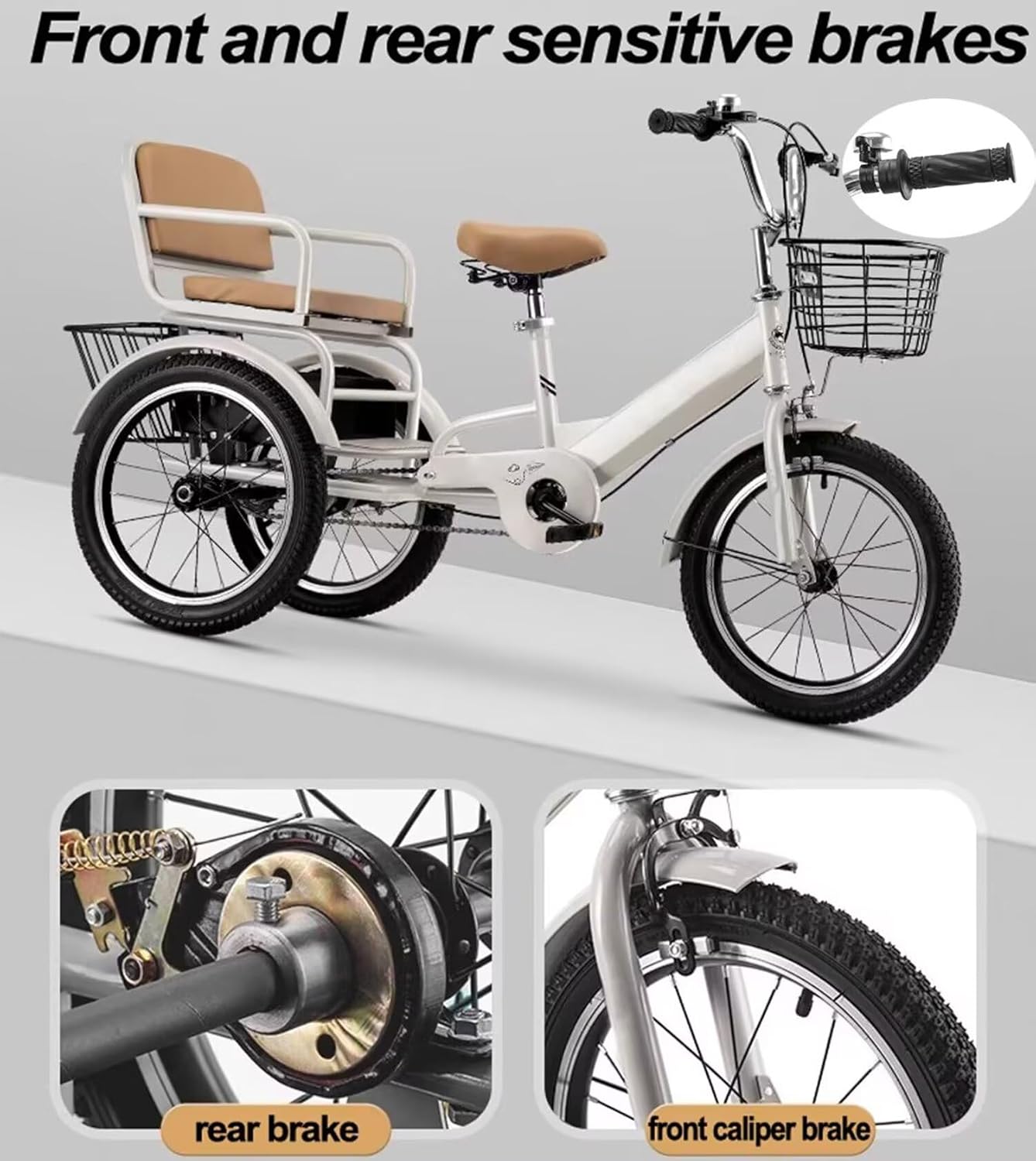 3 Wheels Bicycle,Rickshaw Tricycle with Pedals,Tandem Trike with Back seat,seat with Belt and armrest,Front and Rear Wheel Brakes,Outdoor Cruiser Bike,Pneumatic tire Spoke Wheels