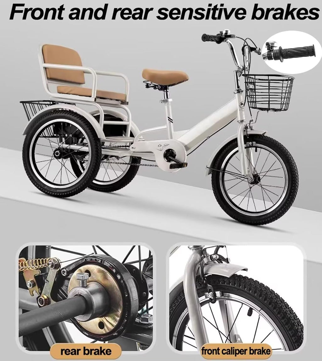 3 Wheels Bicycle,Rickshaw Tricycle with Pedals,Tandem Trike with Back seat,seat with Belt and armrest,Front and Rear Wheel Brakes,Outdoor Cruiser Bike,Pneumatic tire Spoke Wheels