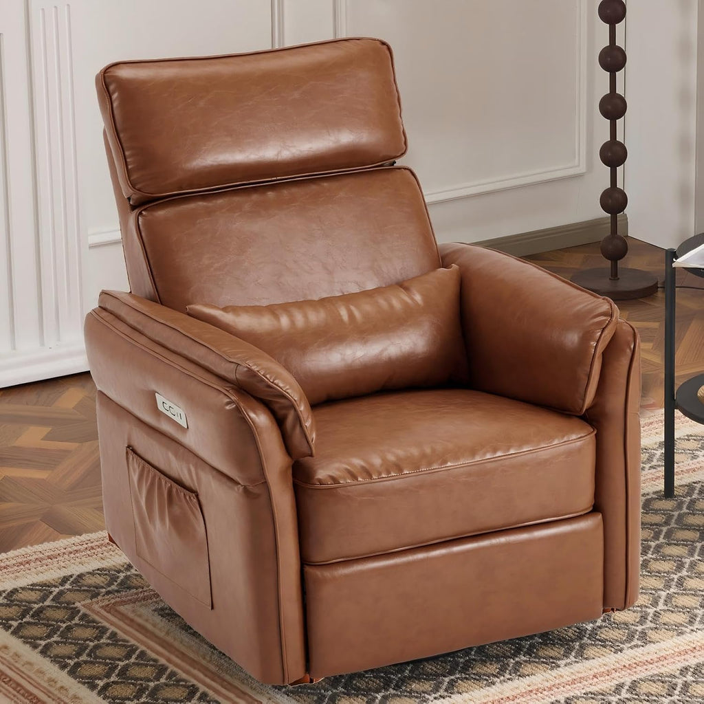 Power Recliner Rocking Chair Nursery Gliders with Adjustable Armrests and Headrest, Swivel Electric Glider Reclining Nursing Chair with USB Port and Storage Bags, FSC Certified (Leather, Brown)