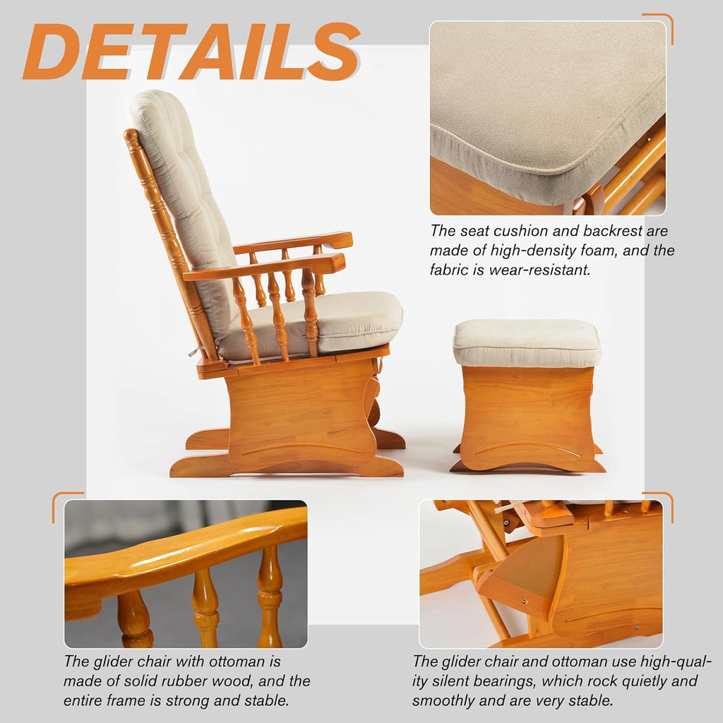 Anti-Pinch Solid Wood Hand Glider Rocking Chair Set with Ottoman, Padded Cushion, Rustic Rubber Wood Nursery Glider for Nursing, Relaxing, Living Room, Bedroom, Honey Colored