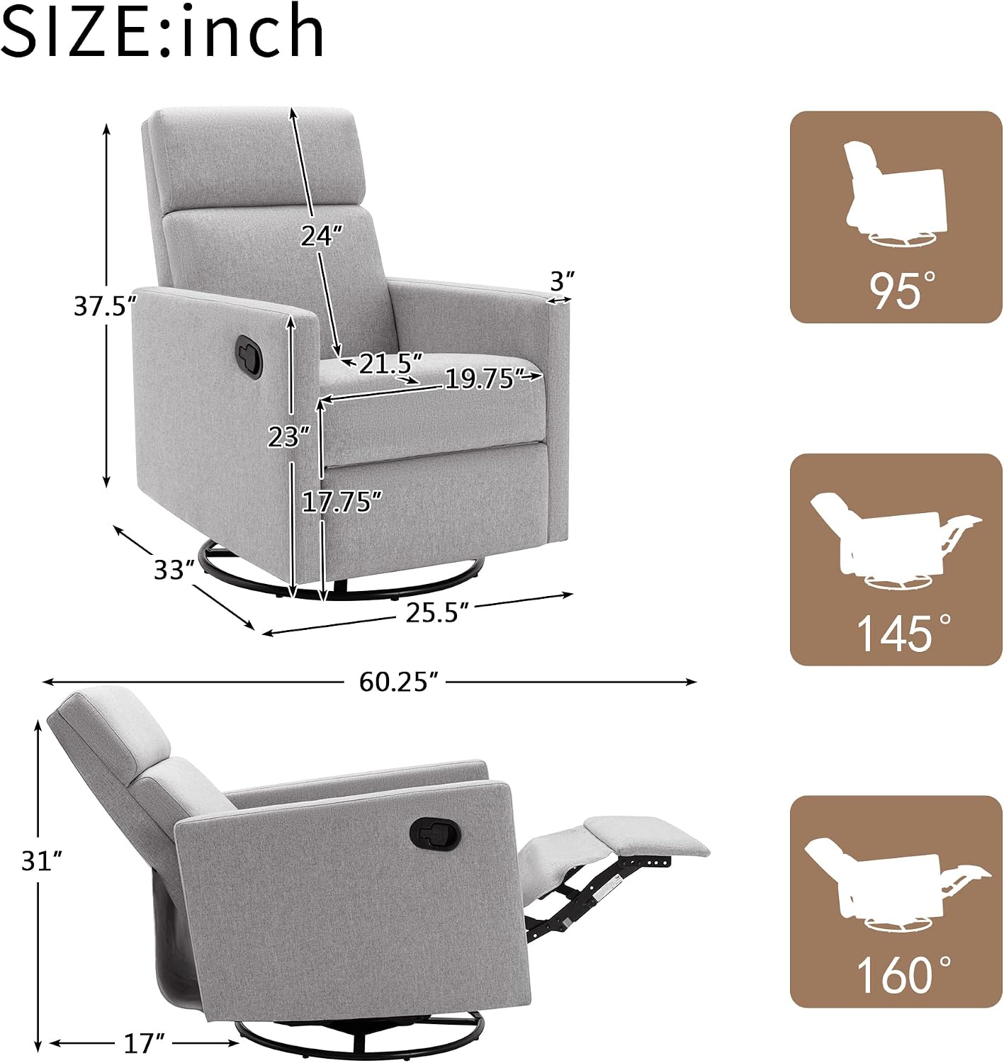 LUMISOL Swivel Rocking Recliner Chair for Adults, Nursery Swivel Glider Chair Manual Reclining Single Sofa Chair, Linen Upholstered Glider Rocker Recliner with High Back, Gray