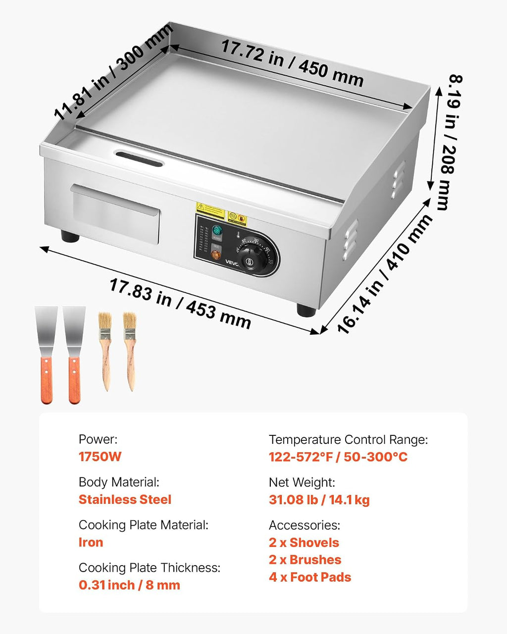 VEVOR Commercial Electric Griddle, 17.72 x 11.81 inch, 1750W, 122-570°F Adjustable Temp Control, Stainless Steel Countertop Flat Top Grill with 2 Spatulas, 2 Brushes, and 4 Foot Pads, for Steak