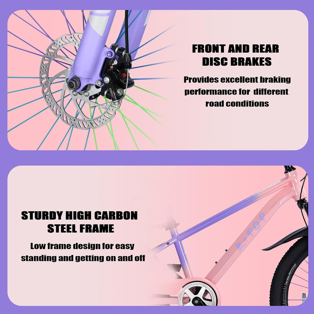24 Inch Kids Mountain Bike for 7-12 Years Old Boys, Single Speed/7-Speed Girls Mountain Bicycle W/Suspension Fork,Adjustable Seat Height, Kids' Bicycles for Beginner Level Riders