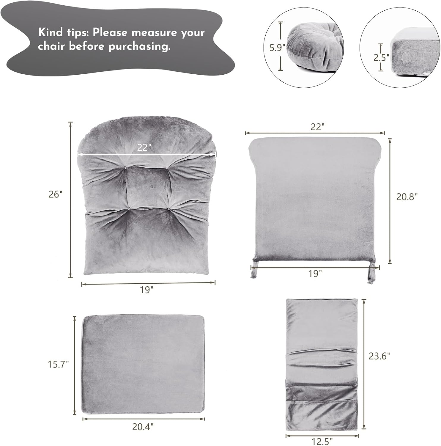 Lucky Monet 5Pcs Glider Rocker Replacement Cushions - Velvet Glider Cushions Replacement Set with Side Storage Pockets, Thick Glider Chair Cushions Washable & Non Slip, Cushion ONLY - Gray