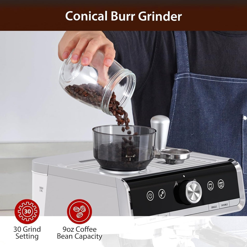Towallmark Espresso Machine with Grinder, 20 Bar Professional Coffee Maker for Home, Milk Frother, Removable Water Tank, Steam Wand, Perfect for Espresso, Cappuccino, Latte