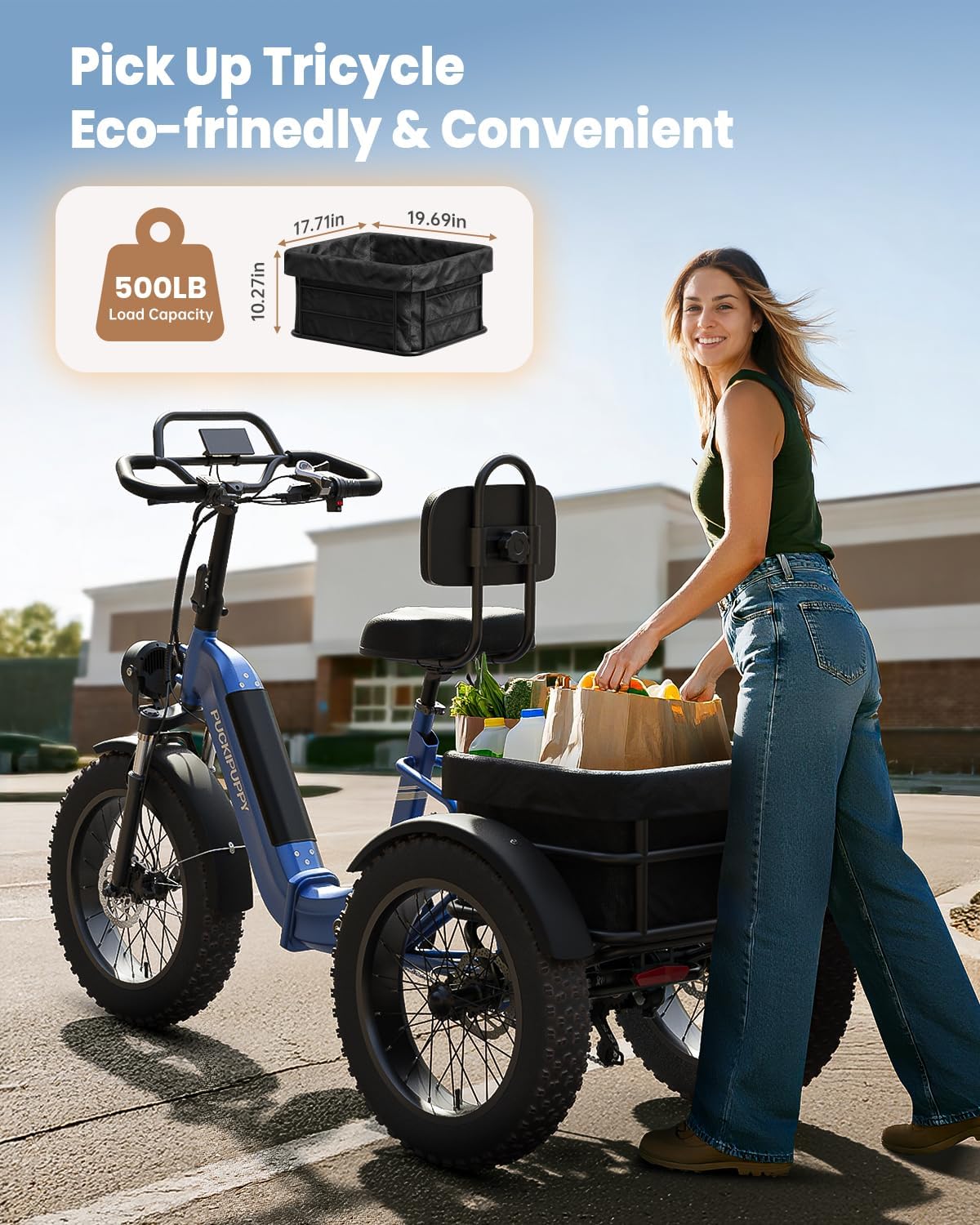 PUCKIPUPPY Electric Trike for Adults 960W Peak, Full Suspension & Reverse Gear Electric Trike Max 15MPH