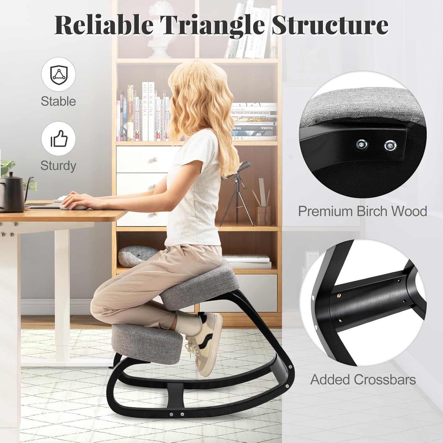 Giantex Ergonomic Kneeling Chair, Rocking Posture Chair with Padded Cushion, Knee Chair for Back Neck Pain Relief, Wooden Kneeling Desk Chair for Home Office