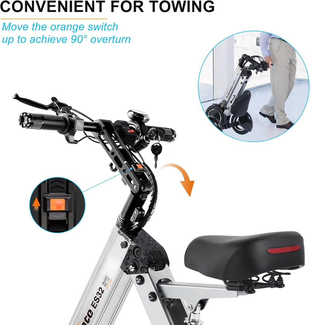 TopMate ES32 Electric Scooter 3 Wheels Foldable with Seat for Adults, Light Weight Mobility with Reverse Function and Key Switch, 10 Inch Pneumatic Tires Scooter