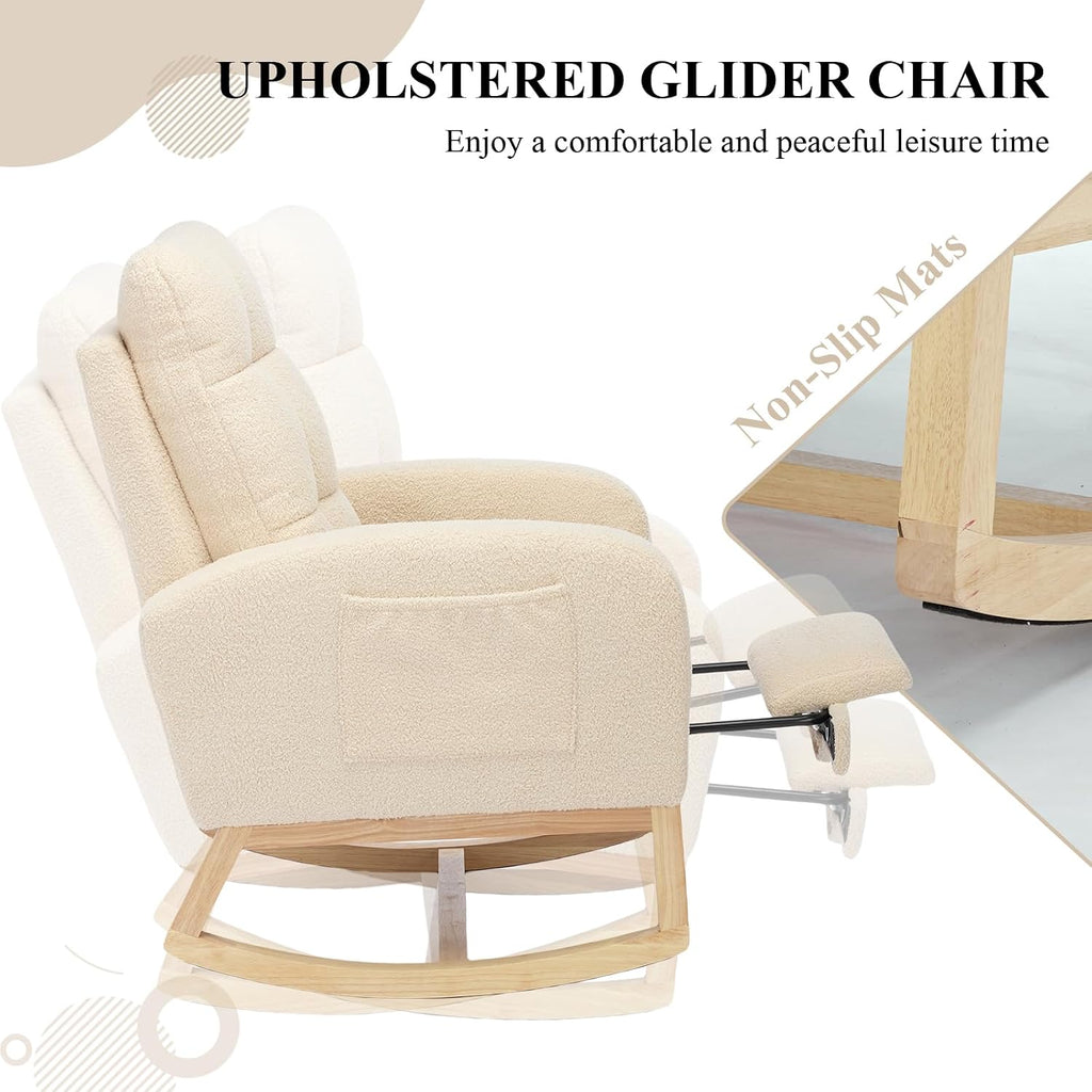 Nursery Rocking Chair, Polyester Upholstered Glider Chair with Footrest, Comfy Rocker Chair, Accent Chair with High Backrest, Glider Rocker, Armchair for Living Room (Beige Teddy)