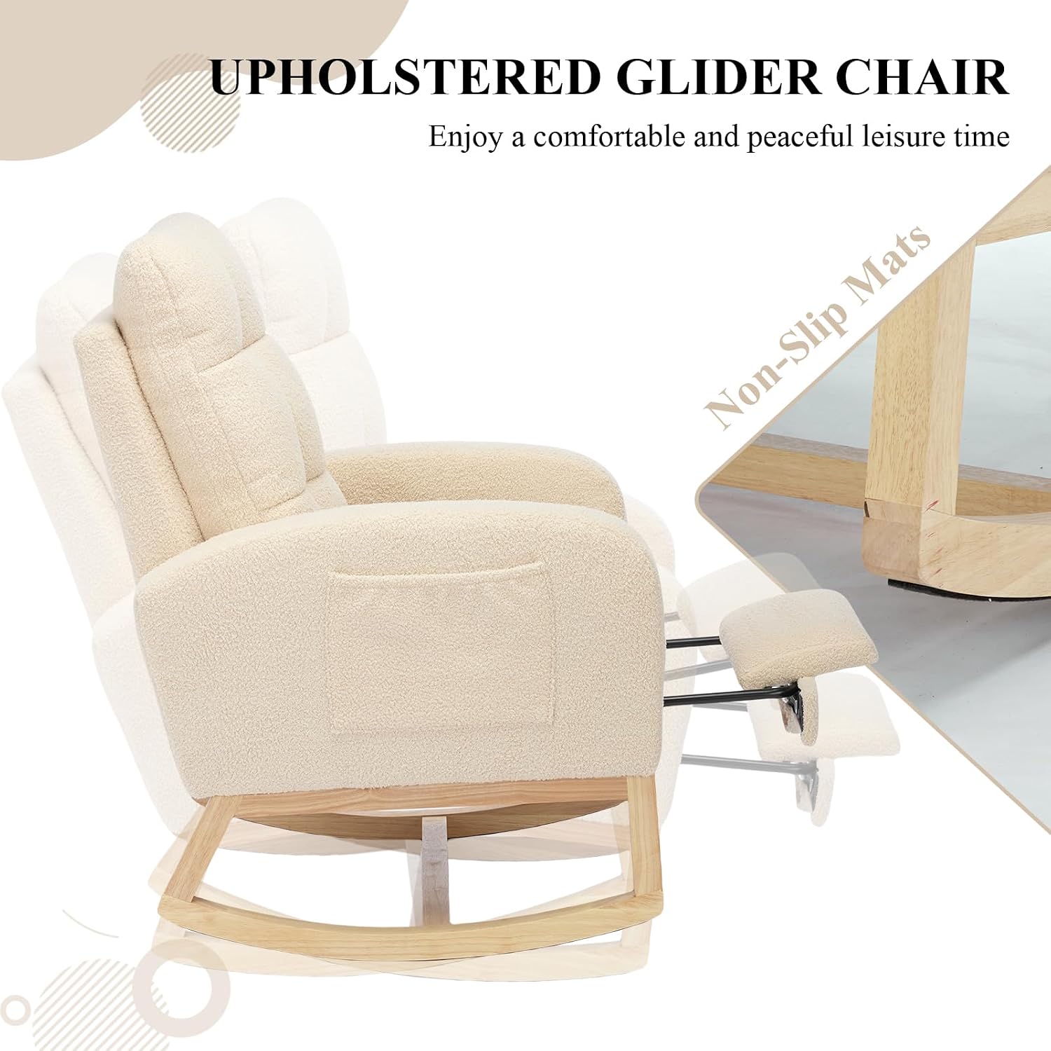 Nursery Rocking Chair, Polyester Upholstered Glider Chair with Footrest, Comfy Rocker Chair, Accent Chair with High Backrest, Glider Rocker, Armchair for Living Room (Beige Teddy)