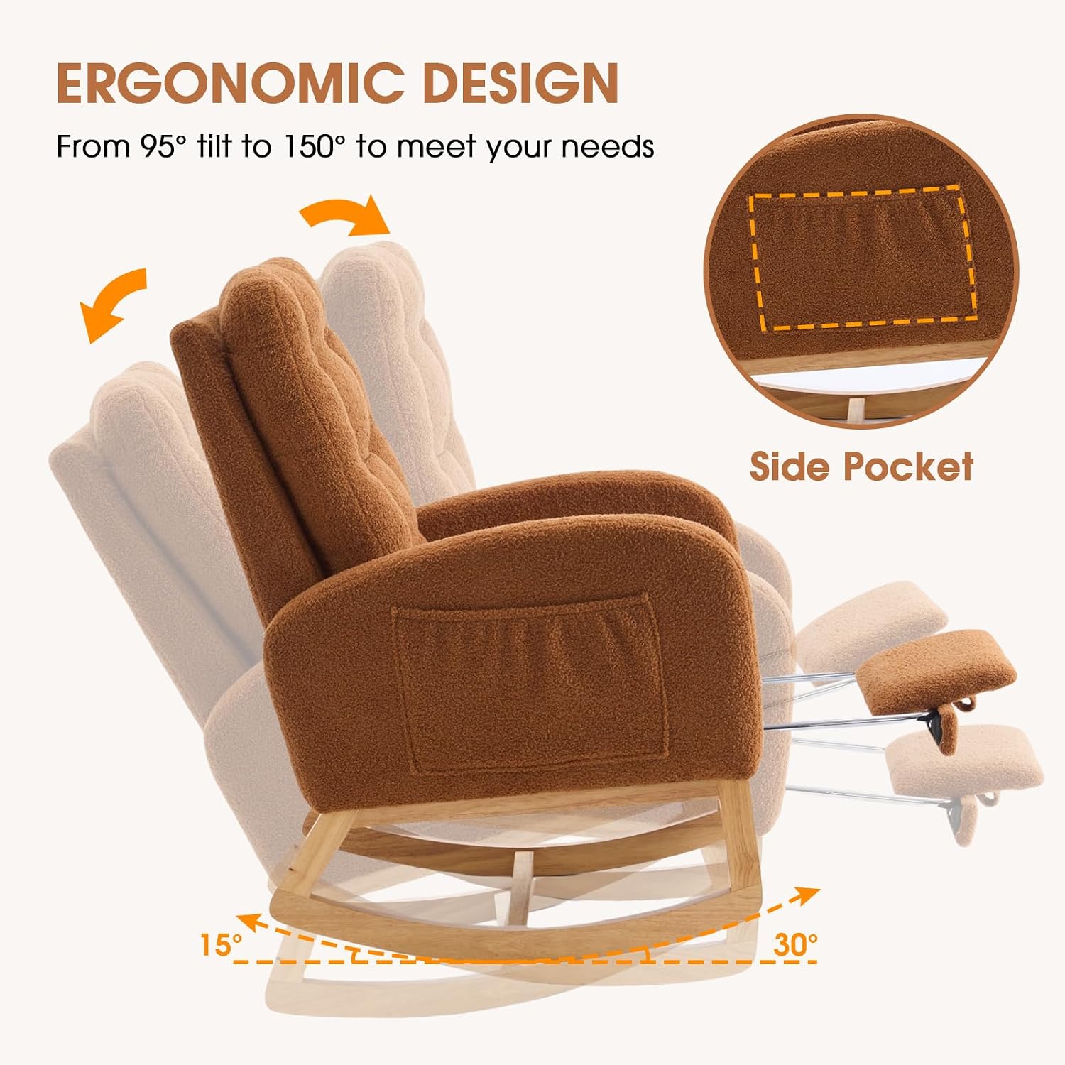 NIOIIKIT Rocking Chair Nursery, Teddy Upholstered Glider Chair with Footstool, Tufted Rocker Recliner Chair with Side Pocket, Comfy Glider Accent Chair for Living Room (Brown Teddy)