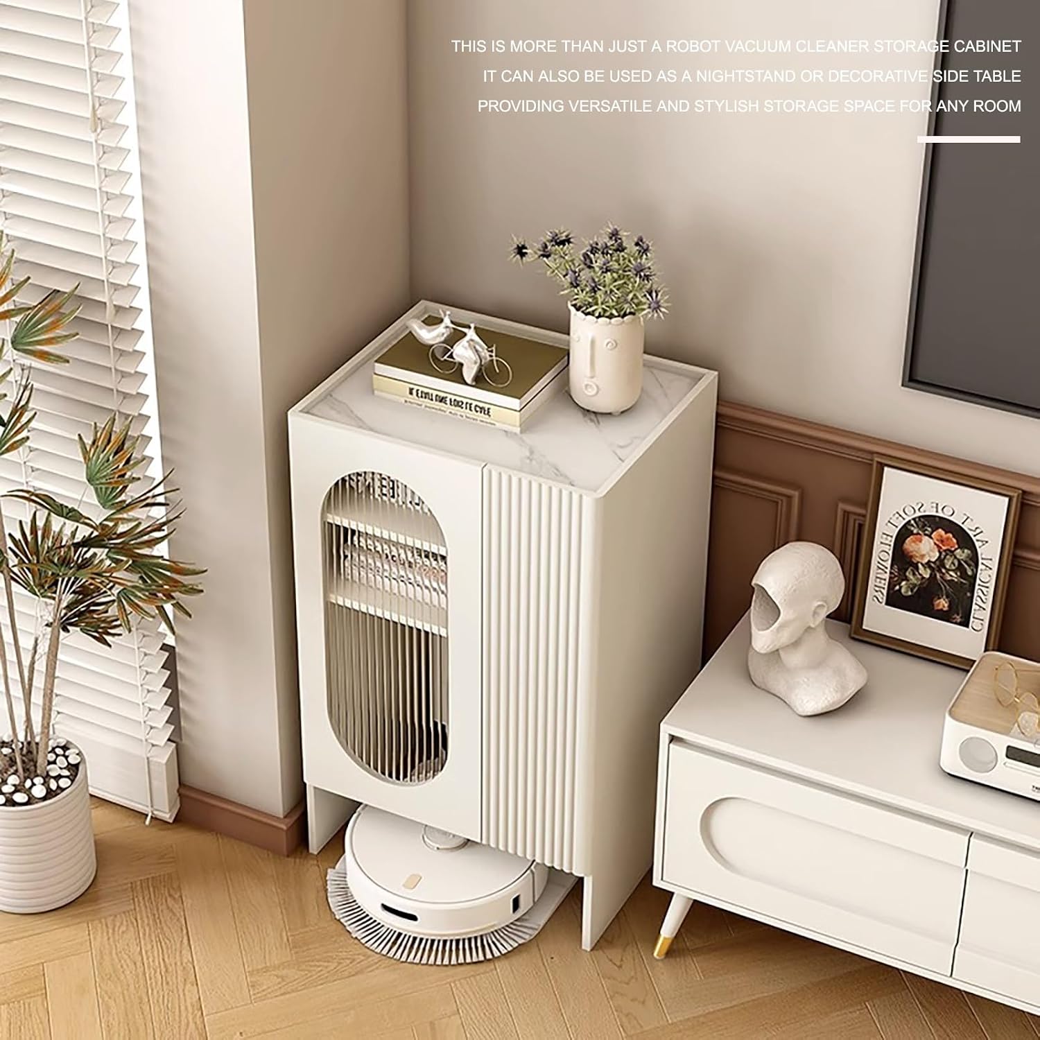 Sweeping Robot Storage Rack with Tempered Glass Door, Robot Vacuum Stand with Open Base Self-Emptying Sweeper Machine Cabinet, Easy to Change Water