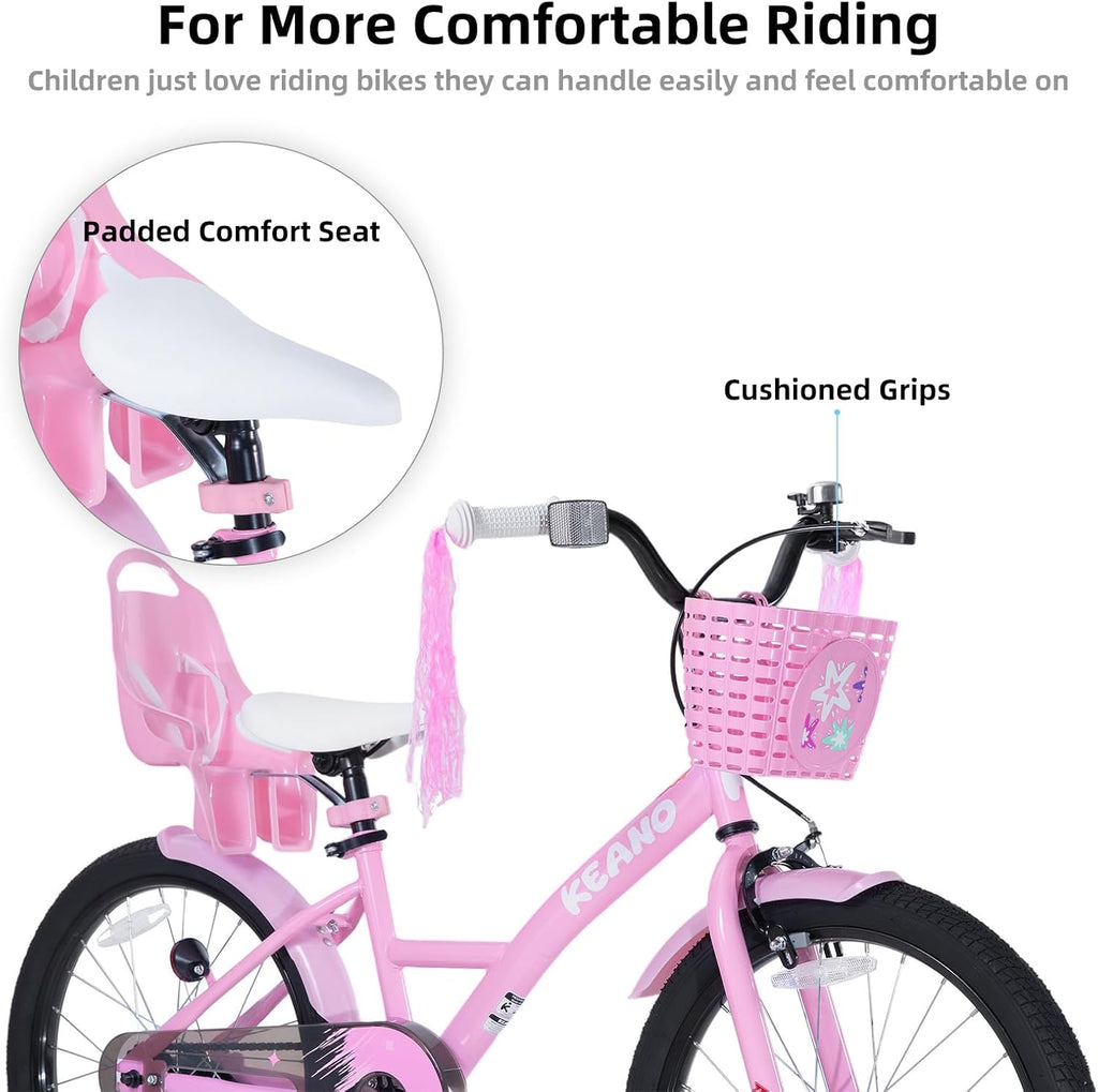 KEANO Zinnia 20 Inch Kids Bike for Girls Ages 7-10 Years, 20 Inch Girls' Bikes with Kickstand, Streamers, Basket and Doll Seat, Children Bicycles Pink