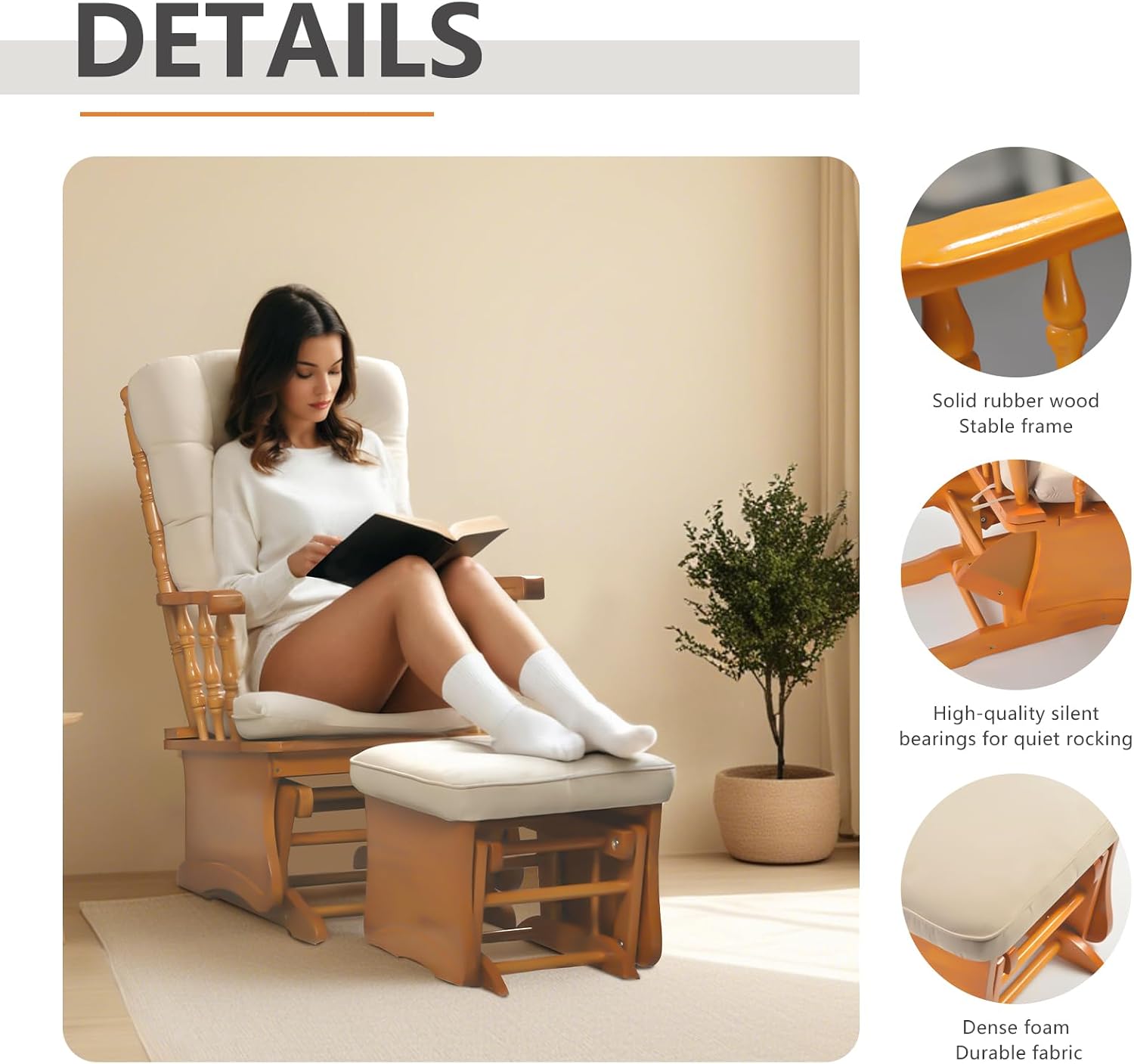 Solid Wood Anti-Pinching Rocking Glider Chair with Ottoman Cushion Set, Nursery Rocking Chair for Living Room Bedroom Reading Room, Honey
