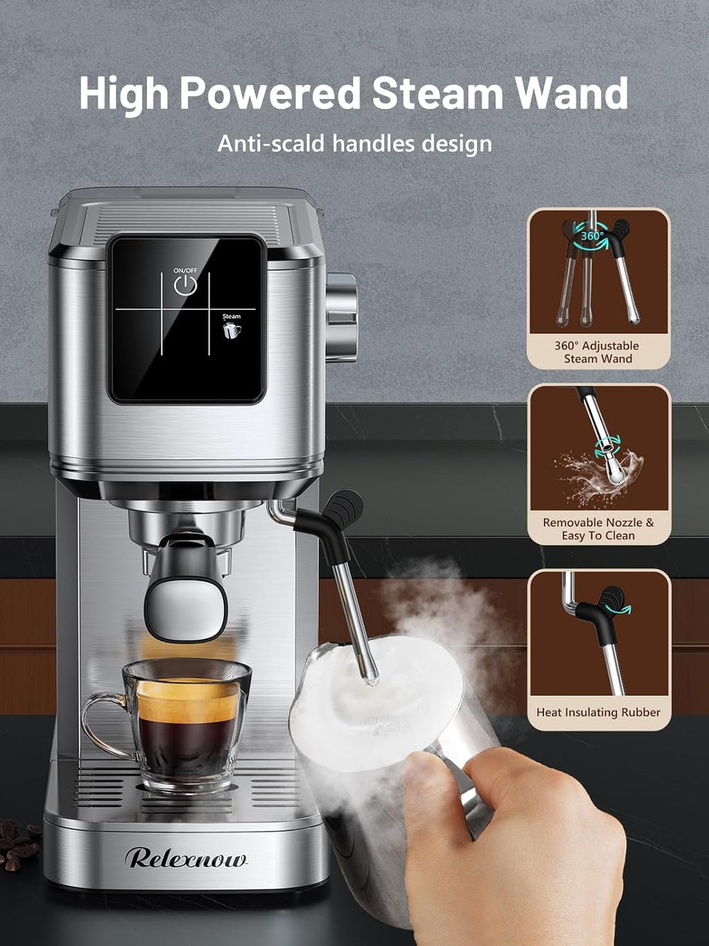 RELEXNOW Espresso Machine, 20 Bar Espresso Maker Milk Frother & LCD Panel, Hot & Iced Coffee Machine, Stainless Steel Espresso Coffee Machine with 41oz Water Tank for Cappuccino, Latte