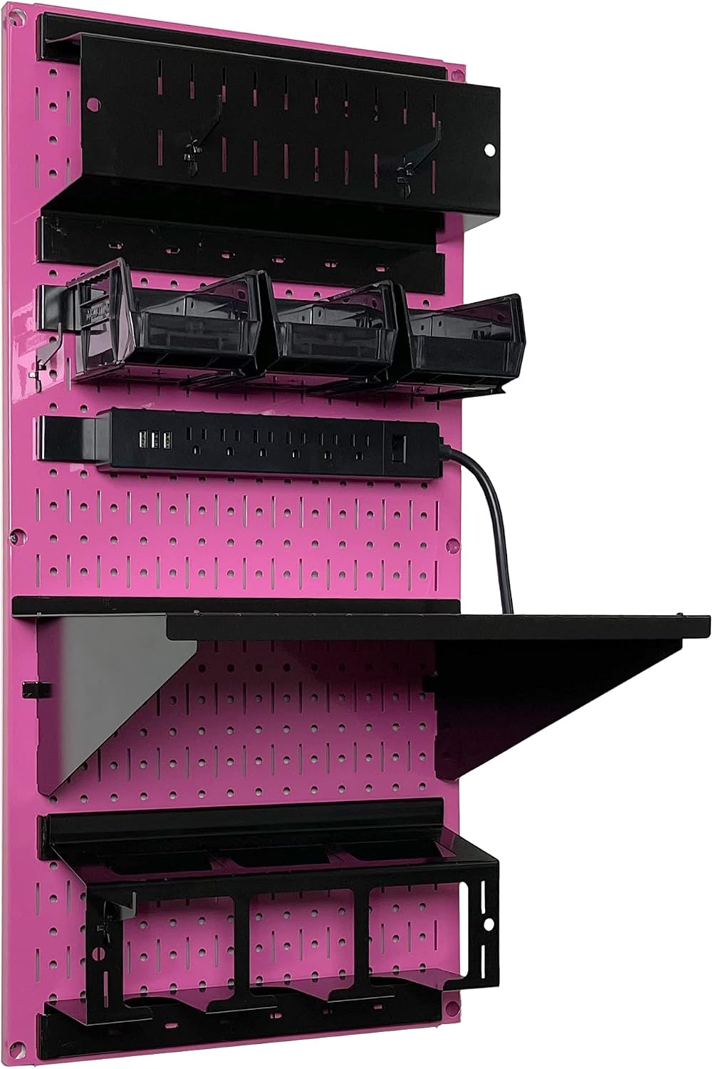 Wall Control Power Tool Storage Organizer Kit Cordless Drill Holder Charging Station Rack 16' x 32' Metal Pegboard Organization System (Pink Pegboard)