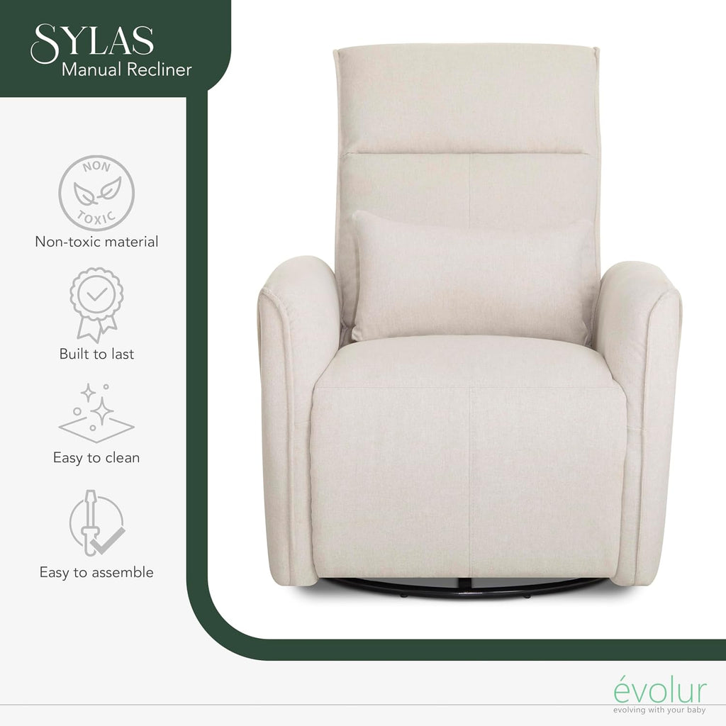 Evolur Sylas Nursery Glider Chair in Light Sand - Manual Recliner with 360° Swivel, Lumbar Support, Tufted Back & Side Pockets - Modern Rocking Chair for Baby Room, Nursery & Living Room