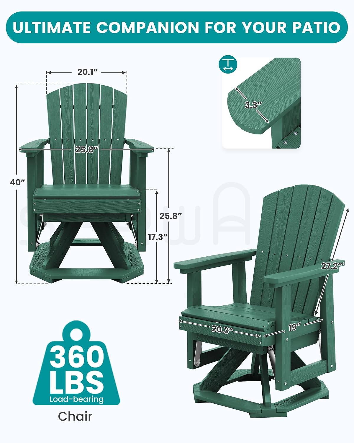 SERWALL Adirondack Swivel Glider, HDPE Glider for Outdoor, All-Weather Glider Rocking Chair for Porch, Balcony, Green
