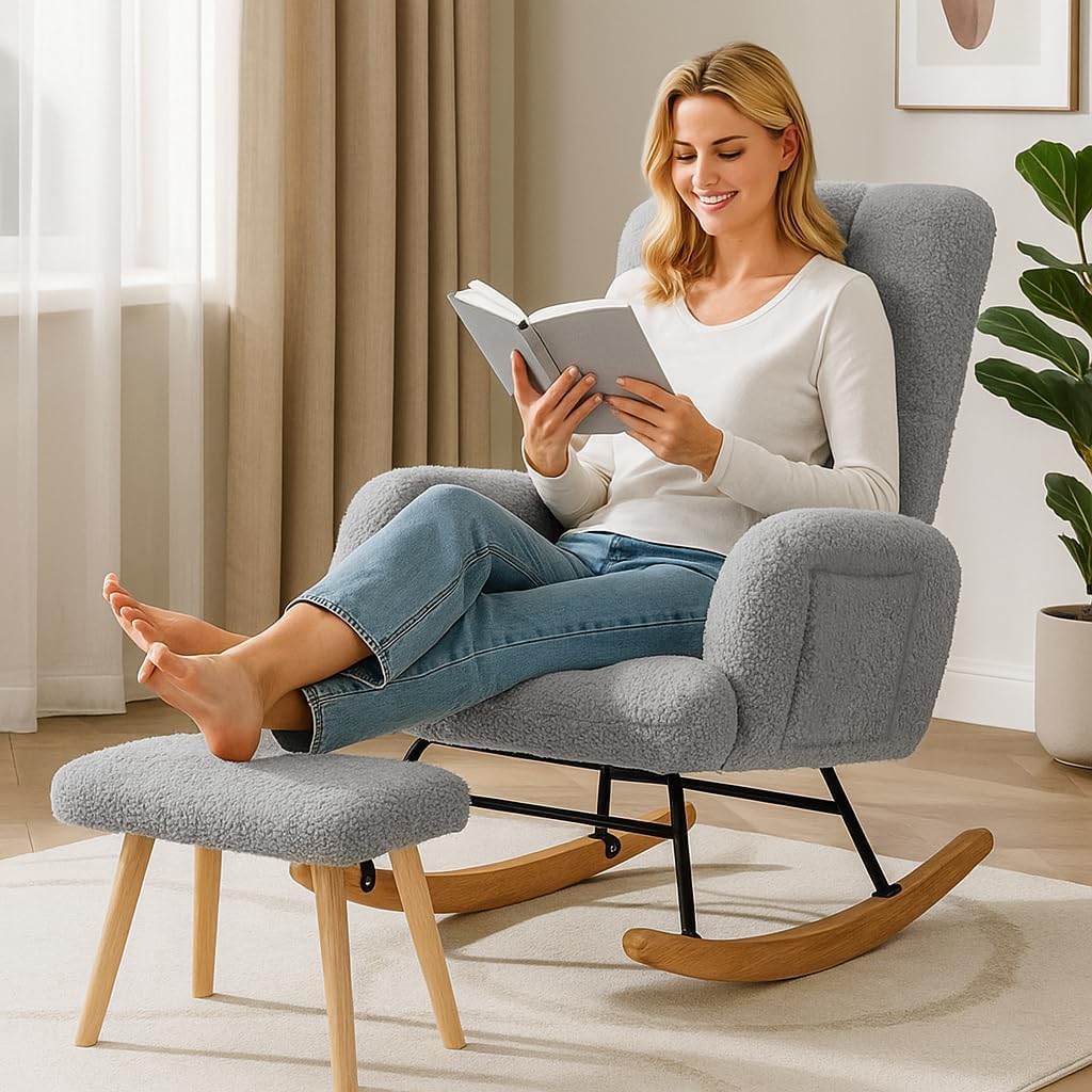 COMHOMA Nursery Rocking Chair with Ottoman, Teddy Glider Rocking Chair, Accent Chair with High Backrest Reading Chair for Adult, Nursery, Bedroom, Living Room, Offices (Gray with Ottoman)
