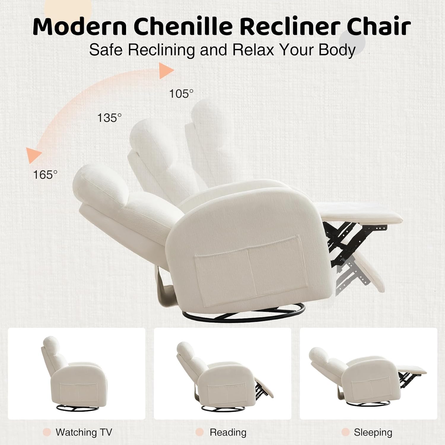 Swivel Recliner Rocker Nursery, Chenille Nursering Glider Recliner, Manual Swivel Rocking Reclining with Double Pockets for Living Room, Cream White