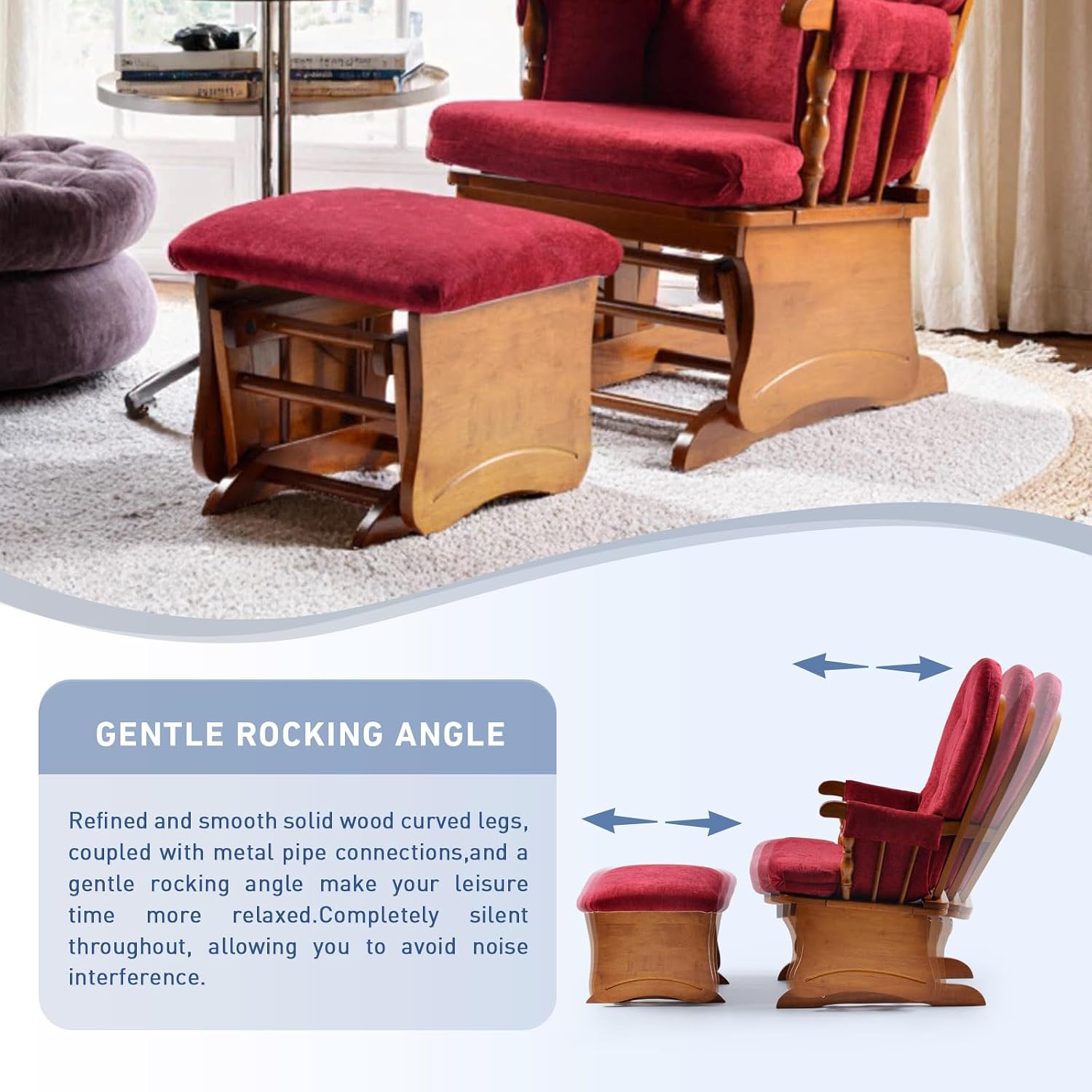 Gliding Rocking Chair with Ottoman for Nursery, Rubber Wood Rocking Chair Glider Rocker with Arm Rest, Chenille Padded Cushion for Living Room Bedroom, 280lbs Weight Capacity, Burgundy