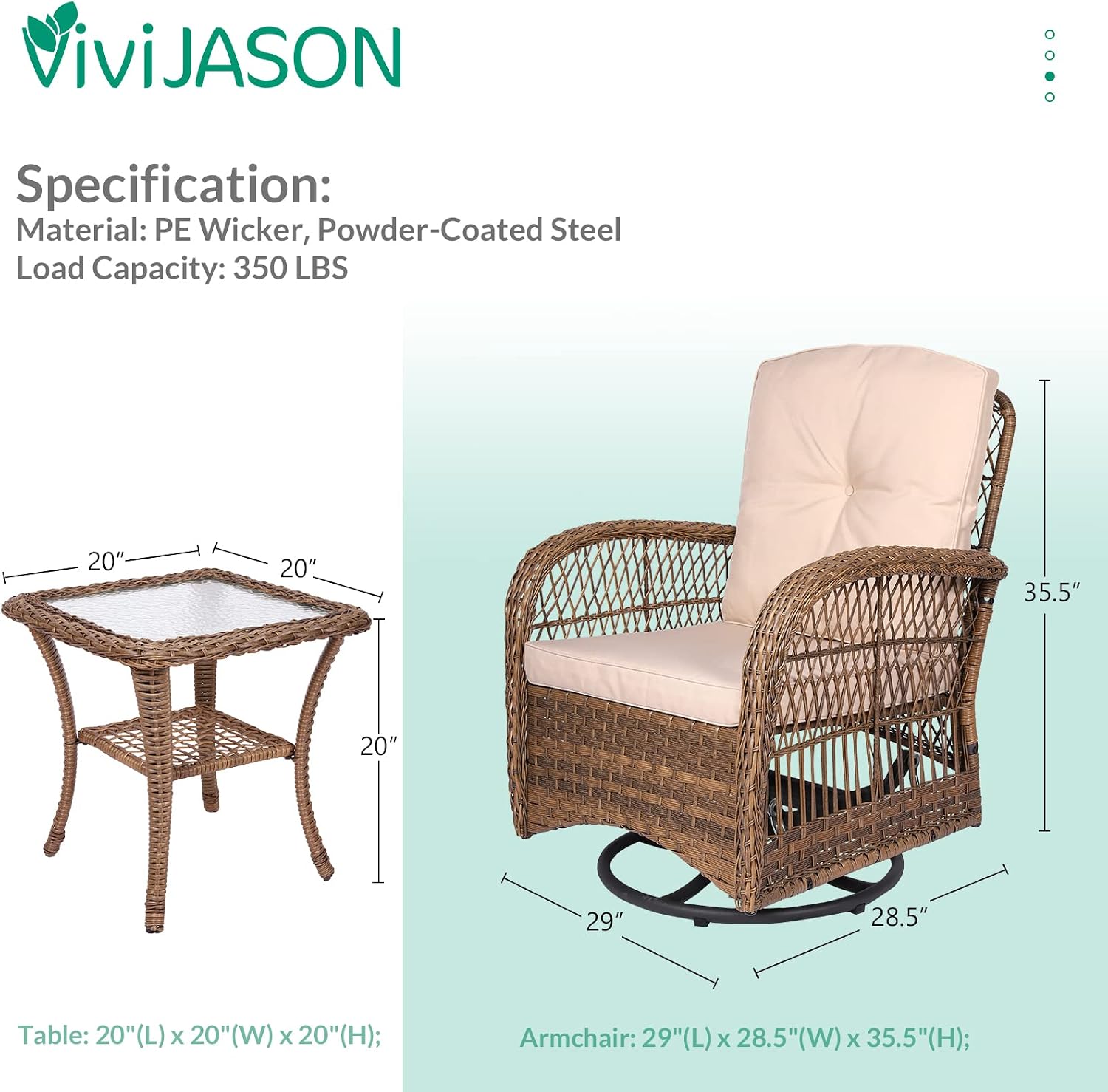 VIVIJASON 3-Piece Outdoor Conversation Bistro Set, Patio Swivel Glider Rocking Chairs Rattan Furniture Sets w/ 2 Rattan Chairs, Cushions, Glass Top Side Table for Porch Backyard, Light Brown