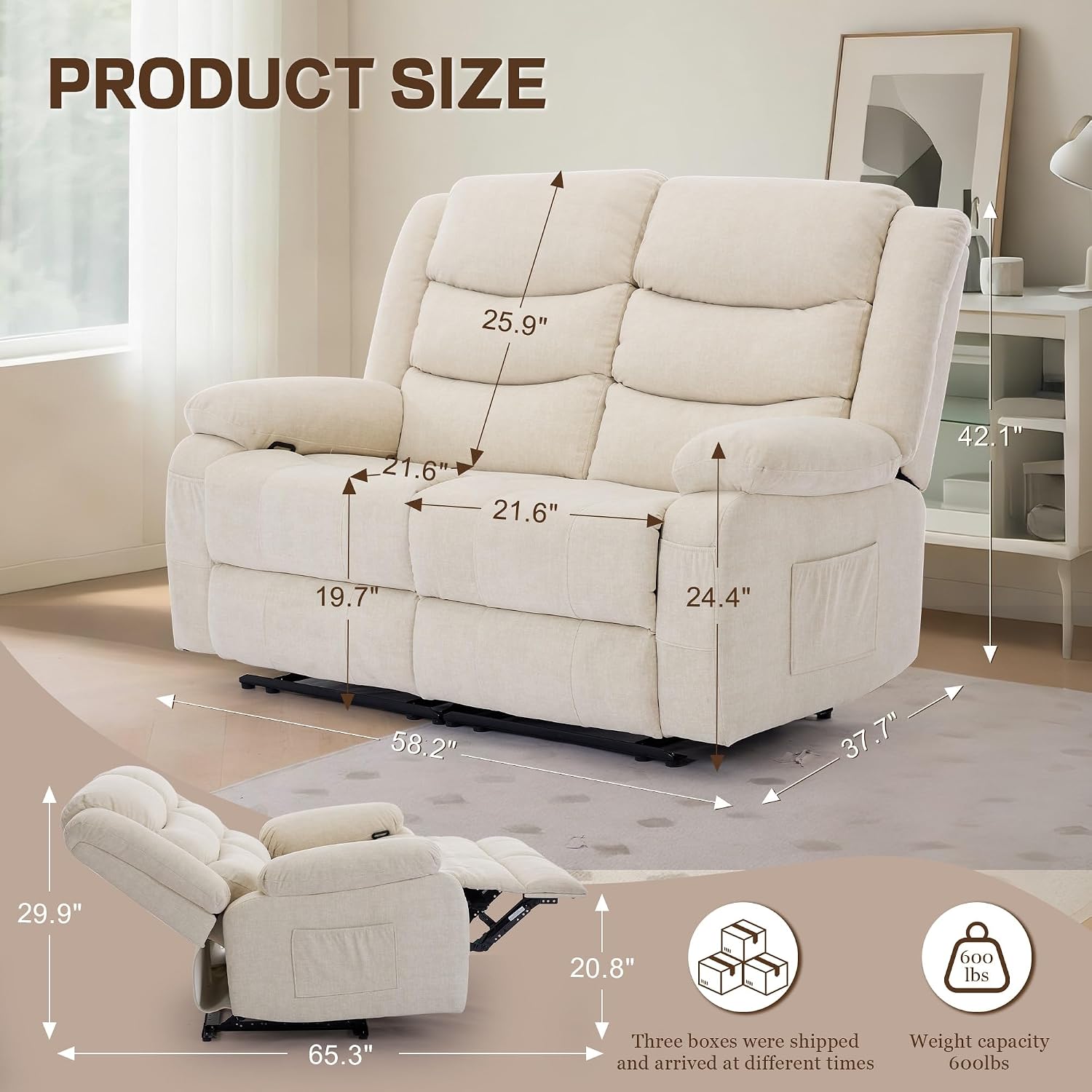 Korser Loveseat Recliner Sofa for RV Furniture and Theater Seating, Wall Hugger Loveseat Recliner, Oversized Loveseats Couch with Front Porckets&Side Pockets, Fabric, Beige