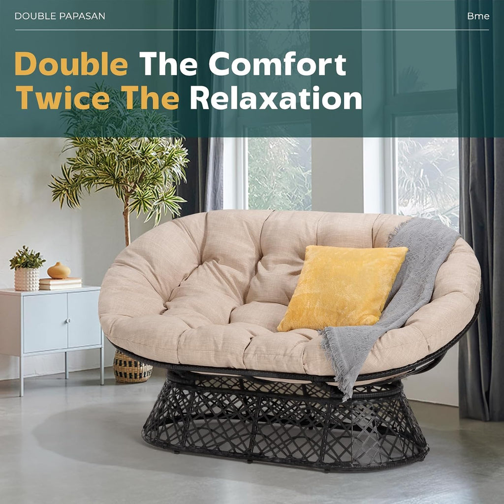 Bme Double Papasan Chair, 600lbs Capacity, Ergonomic Design, Soft Thick Cushion, Bee-Designed Frame, Durable Steel, 61', Beige - Black Base