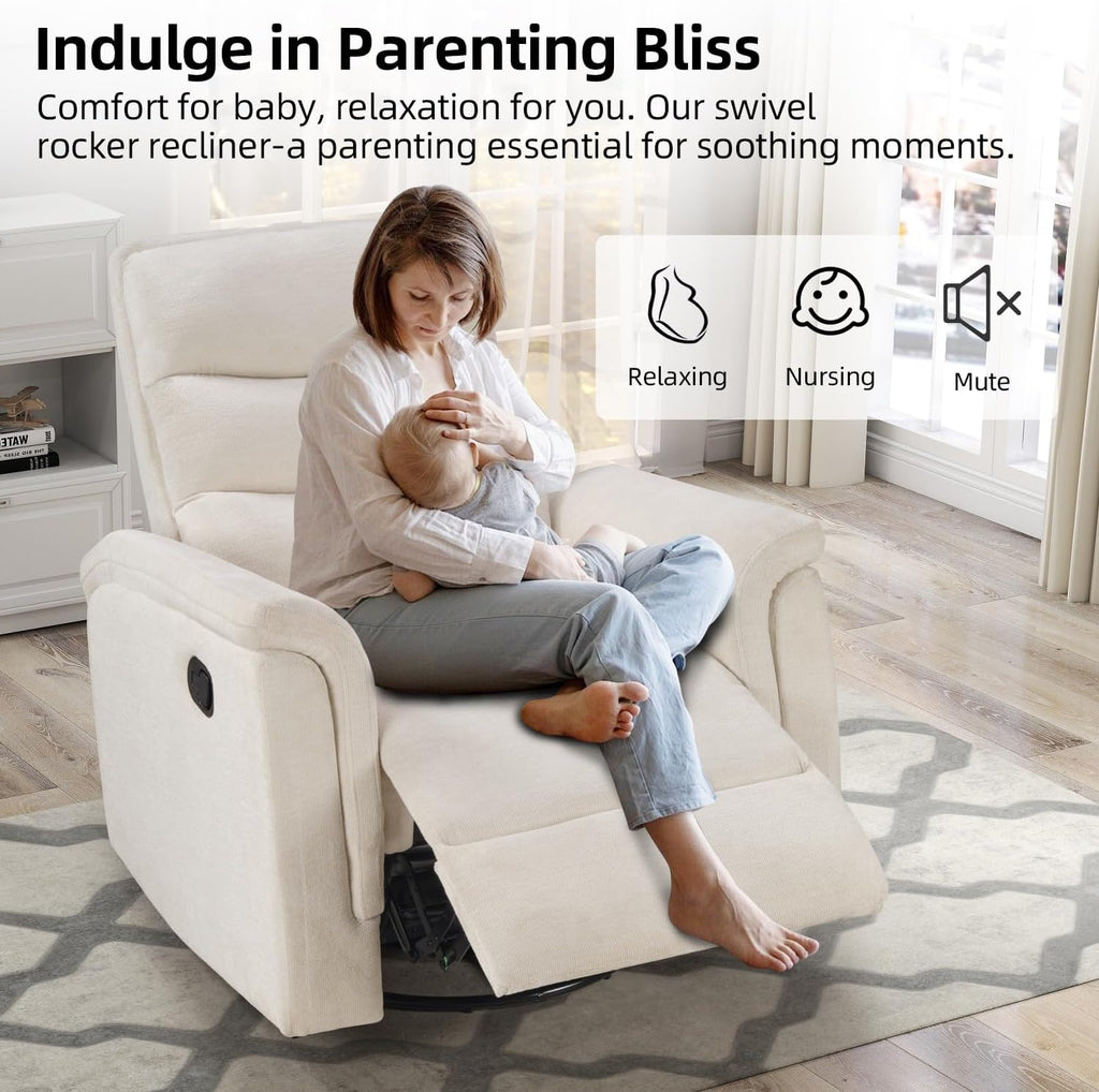 INZOY Swivel Rocker Recliner, Nursery Glider Chair, Manual Chairs Swivel Glider Recliners with Soft Backrest, Fabric Manual Reclining Sofa for Living Room Bedroom Apartment, Beige