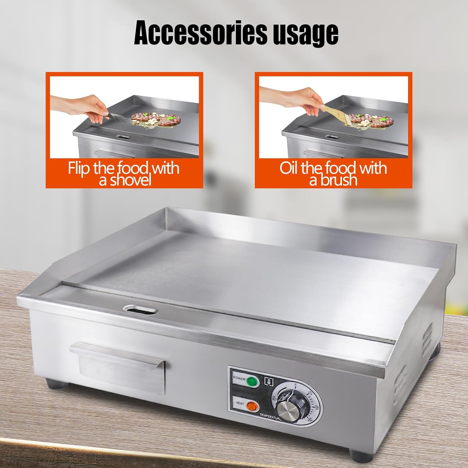 22' Commercial Electric Griddle,Electric Countertop Flat Top Griddle,110V 1600W Electric Flat Top Grill,Non-Stick Restaurant Teppanyaki Stainless Steel Grill,Adjustable Temperature Control