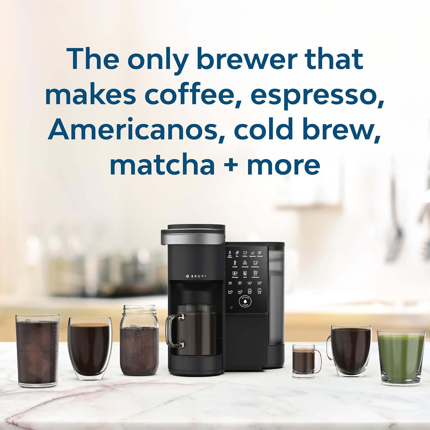 BRUVI Single-Serve Coffee Maker Bundle | Brews Coffee, Espresso, Cold Brew, Matcha Green Tea & More | Includes Brewer + 20 Variety Pods | Touchscreen, WiFi, 70 oz Tank | Black