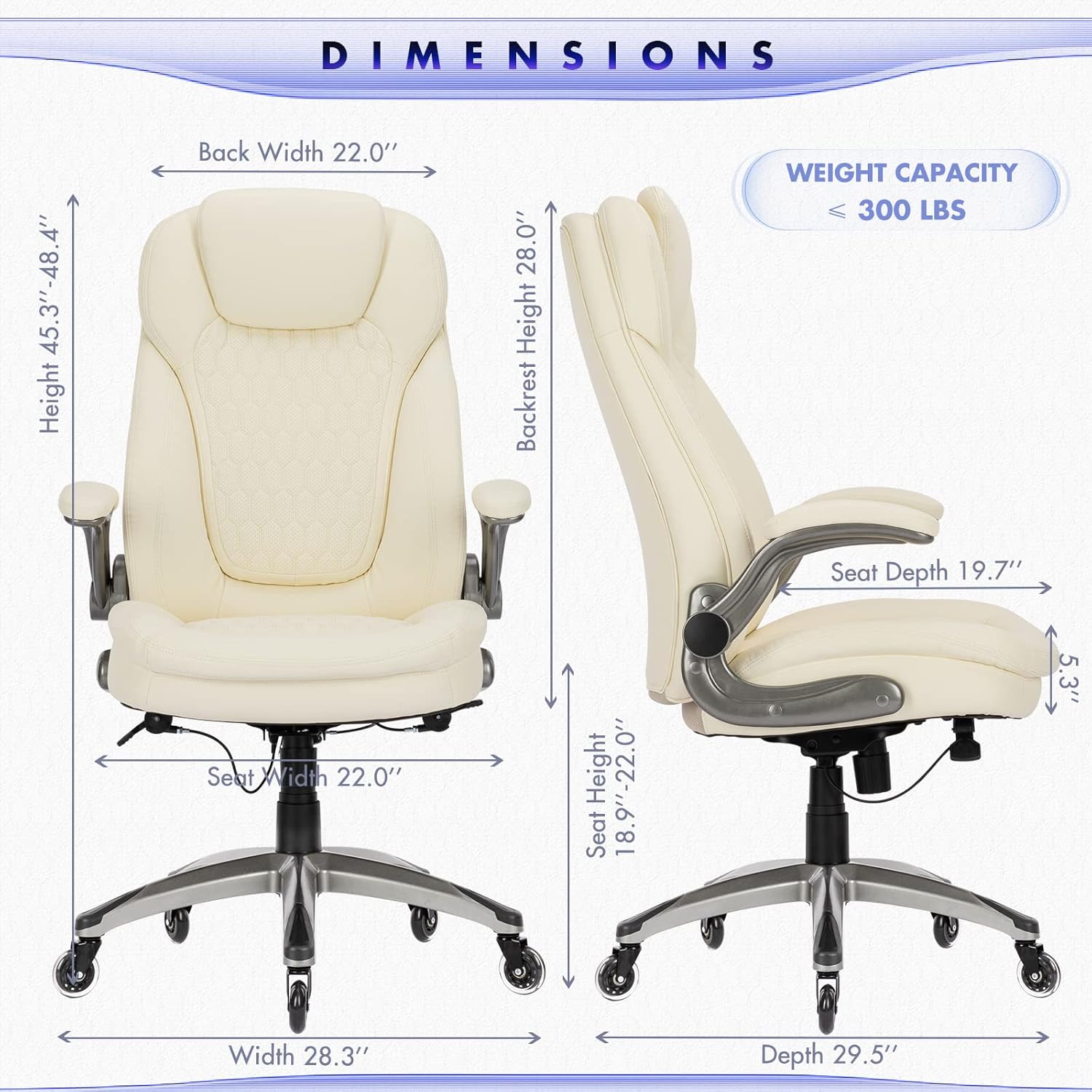 COLAMY Ergonomic Office Chair, Set of 2 Boxes, High Back Leather Desk Chair with Flip-up Arms, Adjustable Height & Rocking Function, Silent Wheels, Ivory Executive Computer Chair, 300lbs Capacity