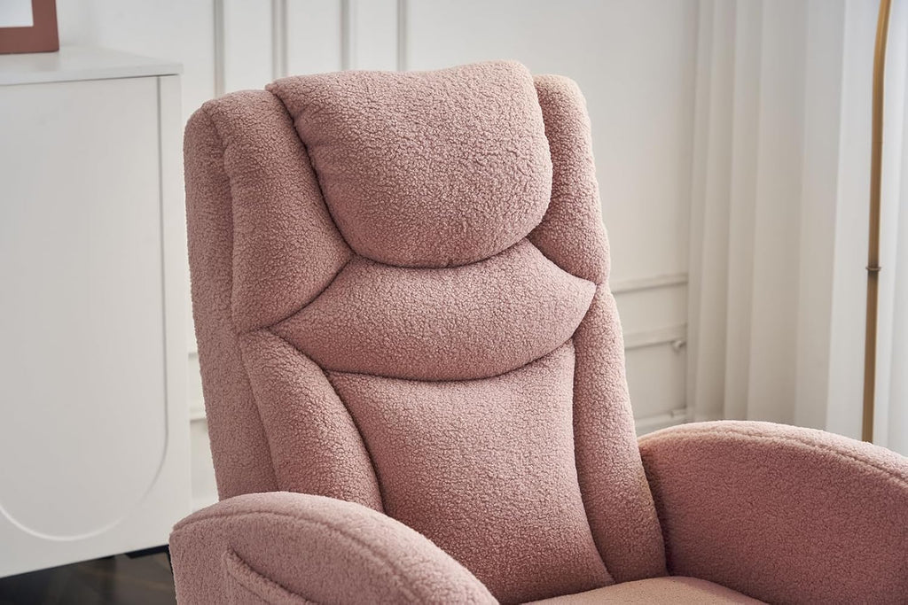 Rocking Chair with Foot Rest, Nursery Glider Teddy Gliding Rocking Chair with Retractable Footrest Rubber Wood Legs Side Pocket High Back & Wide Seat Nursing Chair for Living Room (Pink)