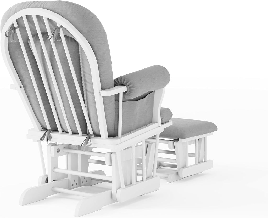 Child Craft Cozy Glider Rocker and Ottoman Set, Smooth Quiet Gliding Motion, Padded Cushion with Convenient Storage Pockets, Solid Wood Base & Frame (Matte White with Light Gray Cushion)