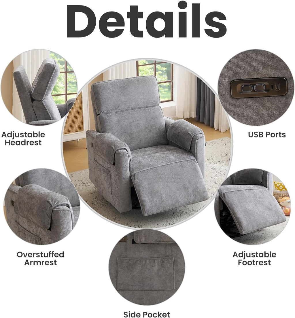 Oversized Power Recliner Chair with Adjustable Headrest, Swivel Rocking Recliner for Adults, 26' Extra Wide Glider Nursery Chair with Overstuffed Armrest for Living Room, USB Ports, Grey