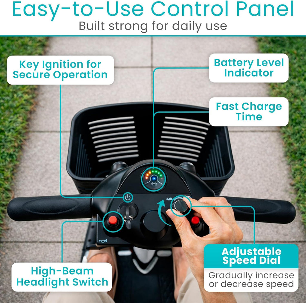 Vive 4 Wheel Mobility Scooter - Electric Powered Wheelchair Device - Compact Heavy Duty Mobile for Travel, Adults, Elderly - Long Range Power Extended Battery with Charger & Basket