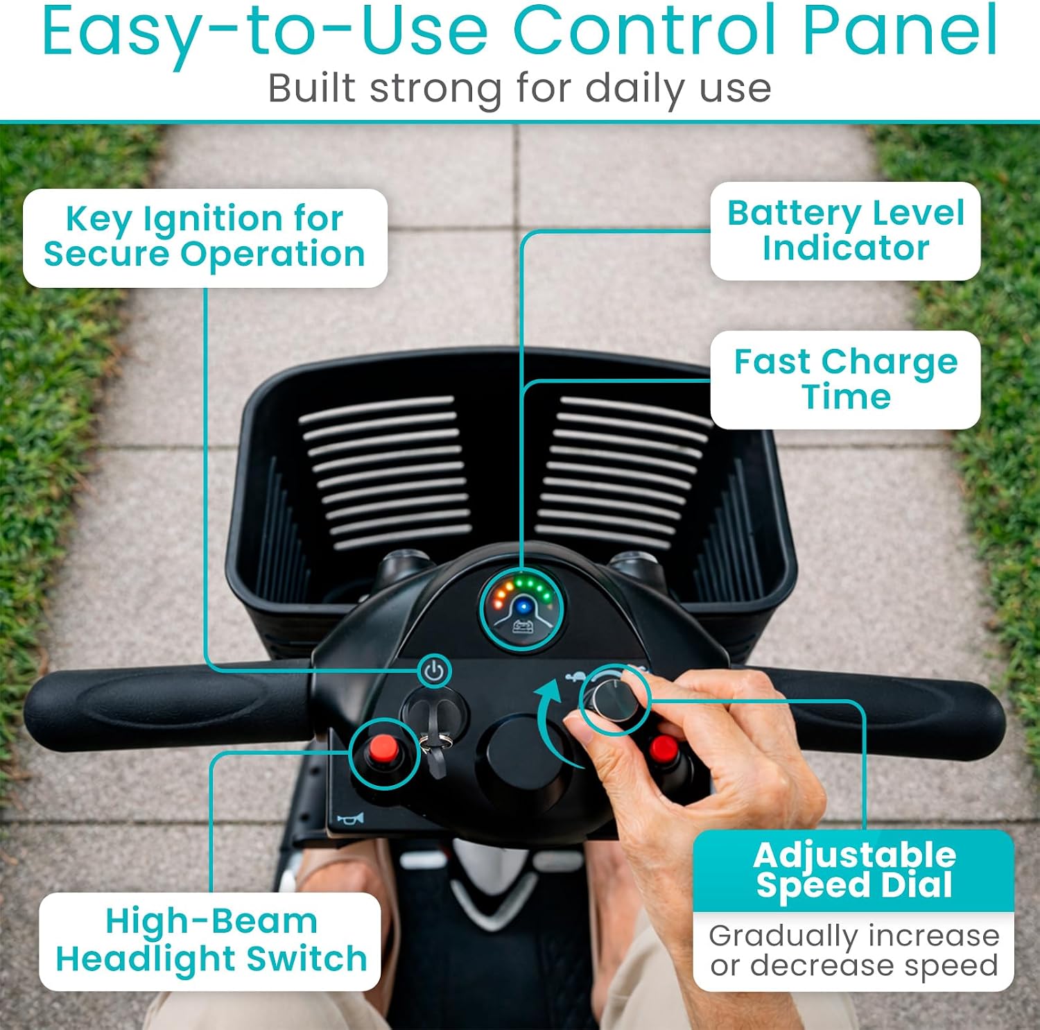 Vive 4 Wheel Mobility Scooter - Electric Powered Wheelchair Device - Compact Heavy Duty Mobile for Travel, Adults, Elderly - Long Range Power Extended Battery with Charger & Basket