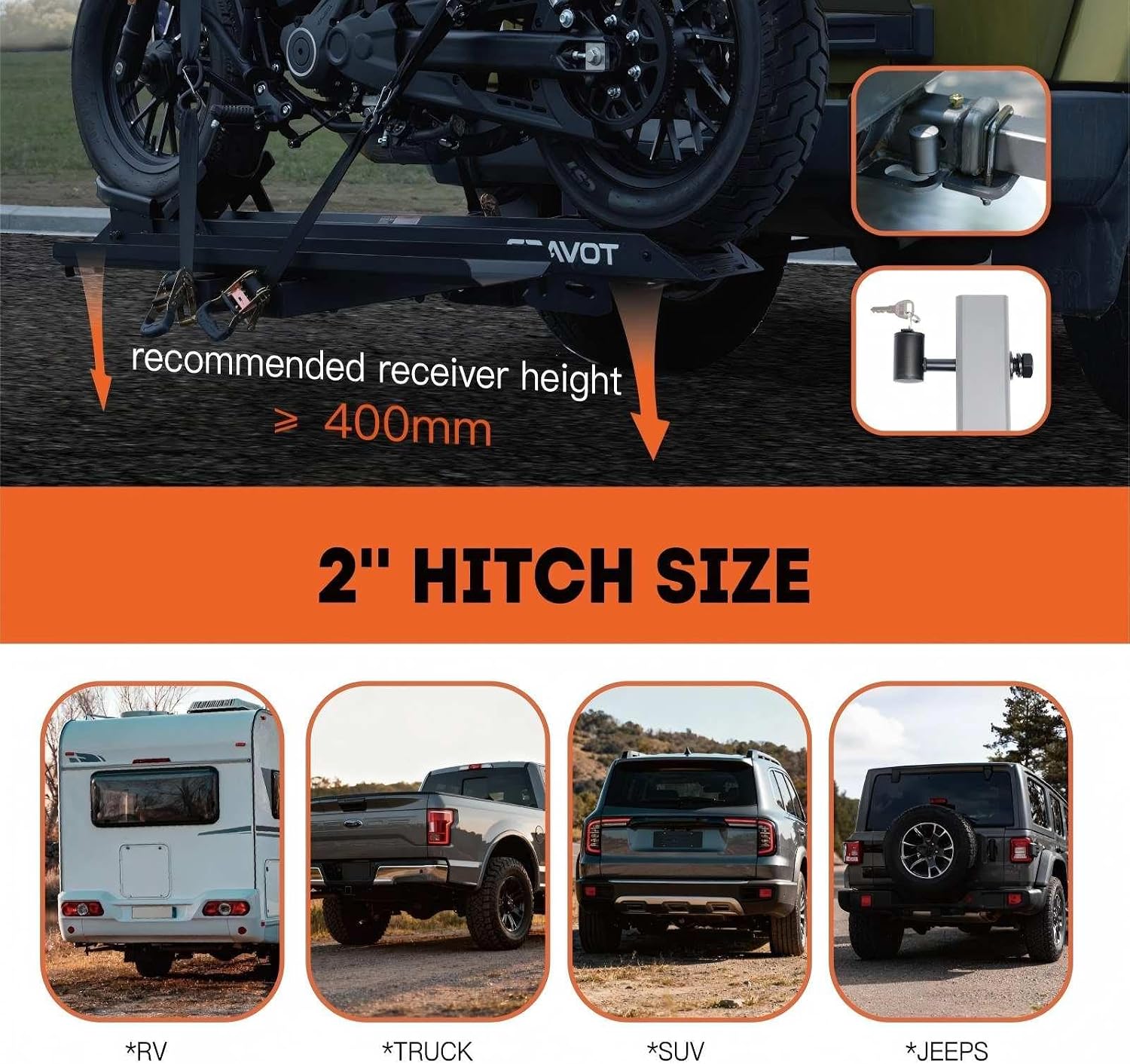 CRAVOT Motorack M1 Max Motorcycle Hitch Carrier with Ramp, 660 lbs Capacity Motorbike Carrier, Foldable Hauler Hitch Mount Rack Anti-Rattle Up to 6-inch Fat Tire 2' Receiver