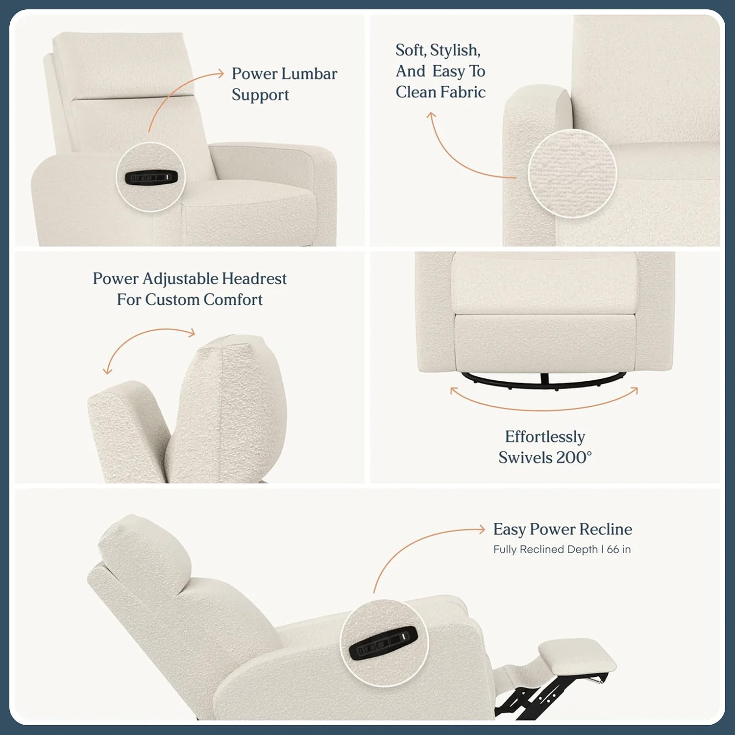 Nurture& The Glider Plus - Premium Nursery Power Recliner | Swivel Chair with Adjustable Head Support | Adjustable Lumbar Support Built in USB The Ultimate Comfort for Nursing, Relaxing (Boucle Creme)