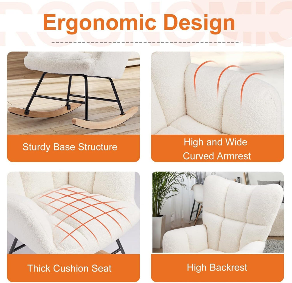 Rocking Chair, Upholstered Glider Rocker Accent Chair, Nnursery Rocking Chairs with High Backrest for Small Spaces, Indoor, Living Room, Bedroom, White