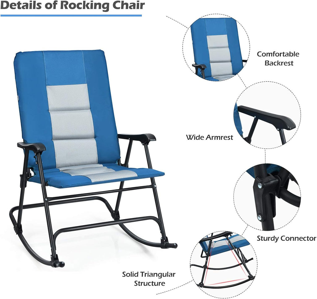 Giantex Camping Rocking Chair Foldable Oversized with Padded Armrest and Seat Folding Lawn Chair 350 lbs Weight Capacity for Outdoor, Patio, Lawn, Backyard, Garden Portable Chair (1, Blue)