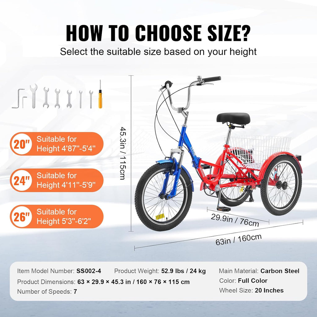 VEVOR Folding Adult Tricycle,Adult Folding Trikes, 3 Wheel Cruiser Bike with Large Basket & Adjustable Seat, Shopping Picnic Foldable Tricycles for Women, Men, Seniors