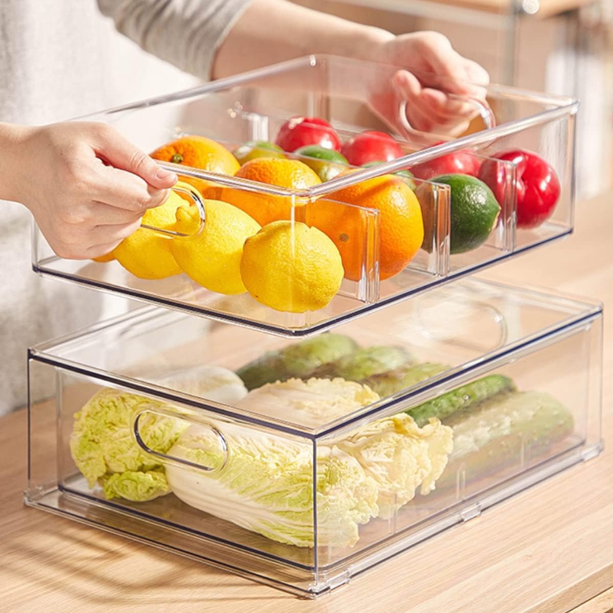 Mano Stackable Fridge Drawers Pull Out Bins with Handle Clear Refrigerator Drawers Organizer Food Storage Container Box with Dividers Plastic Produce Saver for Pantry, Cabinet, Kitchen, Clothes（7Pack）