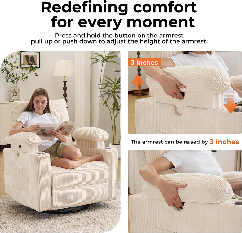 Oversized Power Recliner Chair Swivel Glider with Massage and Heat, Swivel Rocker Recliner with Adjustable Armrests, Nursery Chair with Adjustable Headrest, Rocker Nursery Recliner, Corduroy Beige