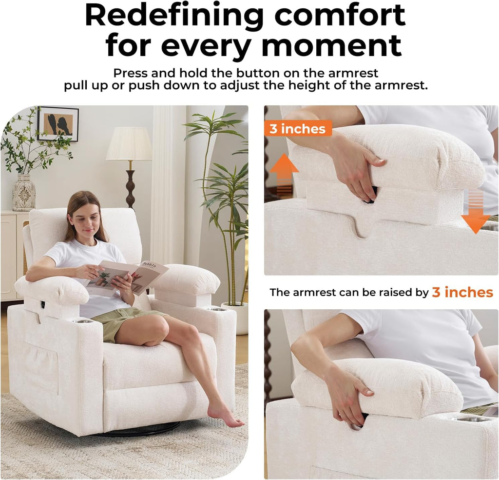 Rocking Chair Nursery with Adjustable Armrests, Electric Glider Recliner Nursing Chair for Breastfeeding, Power Swivel Recliner Chairs with Massage and Heat, Adjustable Headrest , FSC Certified, White